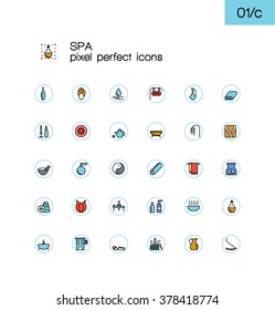 Modern line icons with flat design elements. Pixel perfect icons set. Spa & Wellness outline symbol collection. Simple color line pictogram pack.