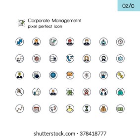 Modern line icons with flat design elements. Pixel perfect icons set of corporate management and business leader training. Outline symbol collection. Simple color line pictogram pack.