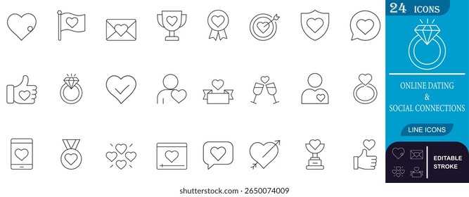 Modernos ícones de linha para namoro online e conexões sociais. Ideal para aplicativos, Web e projetos digitais, esses ícones editáveis de vetor de traço cobrem amor, bate-papo e comunidade com design limpo.