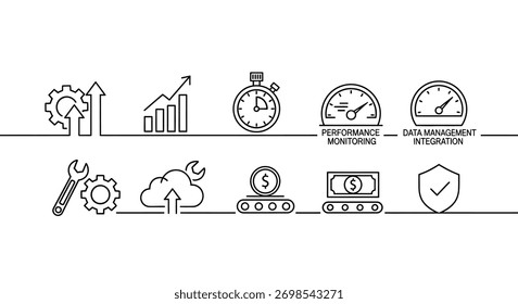 Ícones de linha modernos representando o crescimento dos negócios tecnologia produtividade e segurança serviços vetor