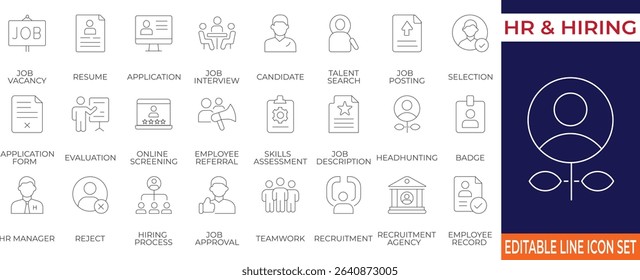 Modern line icons representing key HR and hiring steps from resume to onboarding. Perfect for HR software, recruitment platforms, and onboarding illustrations.