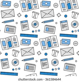 Modern line icons seamless pattern texture of making advertising materials, media publishing, marketing promo presentation. Flat design graphic, perfect for web background or print wrapping decoration