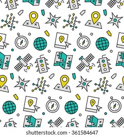 Modern line icons seamless pattern texture of various navigation elements, global positioning system, satellite communication. Flat design graphic perfect for web background, print wrapping decoration