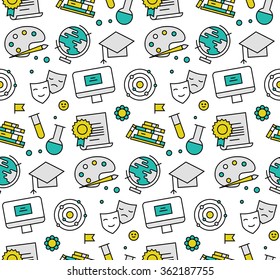 Modern line icons seamless pattern texture of school learning equipment, education theme, learn and study new science books. Flat design graphic, perfect for web background, print wrapping decoration.