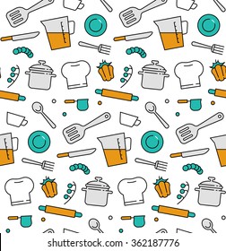 Modern line icons seamless pattern texture of cooking utensils, kitchen equipment, food preparation, kitchenware tools. Flat design graphic, perfect for web background or print wrapping decoration. 