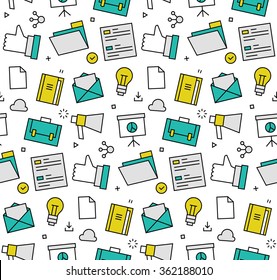 Modern Line Icons Seamless Pattern Texture Of Social Media Marketing, Digital Business Tools, Market Data Presentation. Flat Design Graphic, Perfect For Web Background Or Print Wrapping Decoration. 