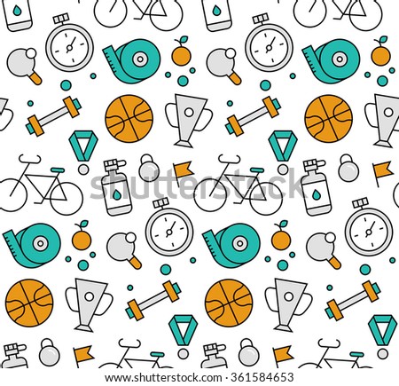 Modern line icons seamless pattern texture of various sport equipment, fitness and active lifestyle, training for healthcare. Flat design graphic, perfect for web background, print wrapping decoration