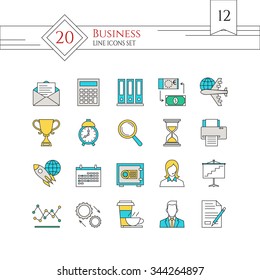 Modern line icons set. Icons for business, management, finance, strategy, planning, analytics, banking, communication, social network, affiliate marketing.