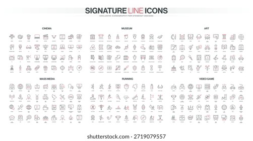 Video El conjunto de iconos de línea moderna cubre cine, museos, arte, medios de comunicación, carreras, juegos con acentos rojos y negros, símbolos detallados, conceptos creativos, Ilustración vectorial aislada