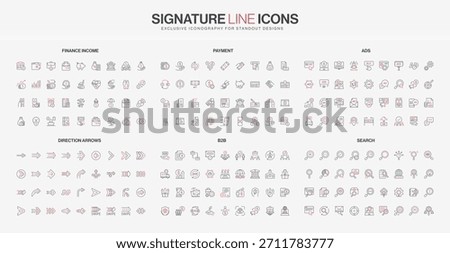 Modern line icons set covers finance, payment, advertising, direction arrows, B2B, and search concepts in red and black style, suitable for digital business themes isolated vector illustration