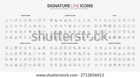Modern line icons set covers smart home, construction, HVAC, energy solar, product development, and energy storage technology themes isolated vector illustration