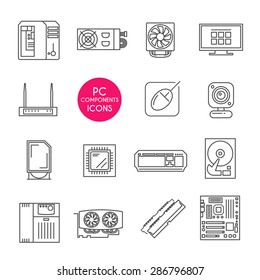 Modern line icons set. PC components. Computer store. Assembling a Desktop Computer.