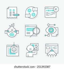 Modern line icons of website redesign and developing, analyzing site reporting, optimizing website pages, SEO audit and building web solutions. Isolated linear style icons.