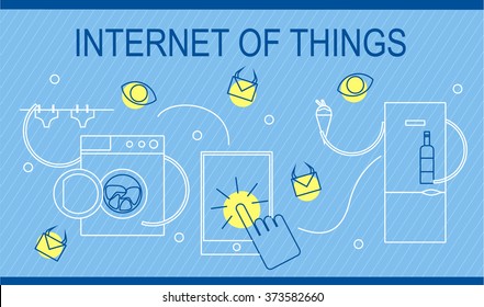 Modern line illustration of internet of things topic. Tiny line style of flat design. Washer and fridge, tablet and other for your needs.