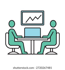 Ilustración de línea moderna de dos profesionales que analizan datos de negocios durante una reunión, perfecta para el trabajo en equipo, análisis, planificación de estrategias, presentaciones corporativas, startups y visuales de comunicación profesional.