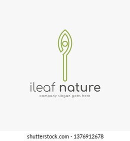 Modern line logo I combine with leaf. Initial Letter I Eco nature design template isolated on white background.
