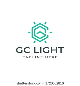 Modern Line Logo Design Clean, Initials Letter GC or CG, Light, Lamp, Shine Vector 