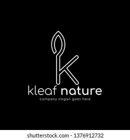 Modern line logo K combine with leaf. Initial Letter K Eco nature design template isolated on black background.