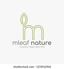Modern line logo M combine with leaf. Initial Letter M Eco nature design template isolated on white background.