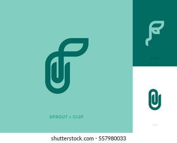 Plantilla de marca de logotipo de línea moderna con brote verde y clip de papel