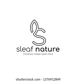 Modern line logo S combine with leaf. Initial Letter S Eco nature design template isolated on white background.