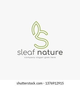 Modern line logo S combine with leaf. Initial Letter S Eco nature design template isolated on white background.