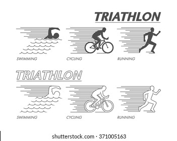 Modern line logo triathlon. Vector black figure triathletes.