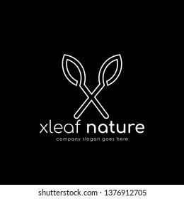 Modern line logo X combine with leaf. Initial Letter X Eco nature design template isolated on black background.