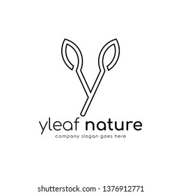Modern line logo Y combine with leaf. Initial Letter Y Eco nature design template isolated on white background.