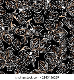Modern Line orchid flowers hand drawn dark tropical exotic florals seamless pattern vector ,Design for fashion,fabric,wallpaper,wrappign and all prints on black