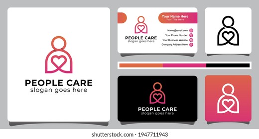 Modern line people care logo. Health insurance logo with business card design