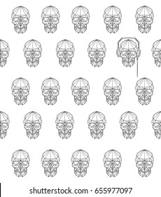 Modern line polygonal flat hipster style illustration of human Skull pattern with Skull with headphone. Calavera, halloween, dark spell t-shirt design.