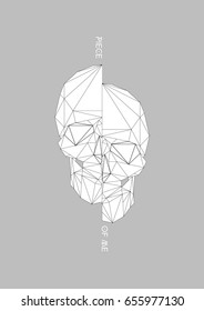 Modern line polygonal flat hipster style illustration of human Skull, poster with text Piece of me. Calavera, halloween, dark spell t-shirt design.