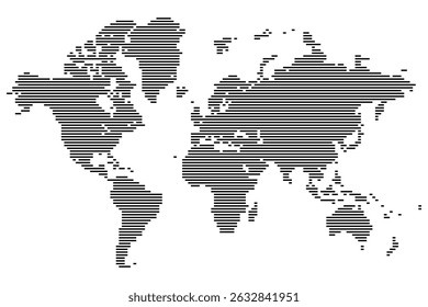 A modern line shape world map showing every dotted world atlas border. Dotted world map style uses abstract mapping to represent countries in a simple dotted world map view. Line shape map