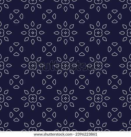 Modern line shapes floral pattern classic blue background abstract doodle flowers. Outline elements motif all over print block for mens shirt, silk scarf, ladies dress, apparel textile fabric design.