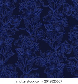 Modern line sketch of Blooming floral Botanical plant ,Flower background seamless pattern EPS10,Design for fashion , fabric, textile, wallpaper, wrapping and all prints on monotone Navy blue
