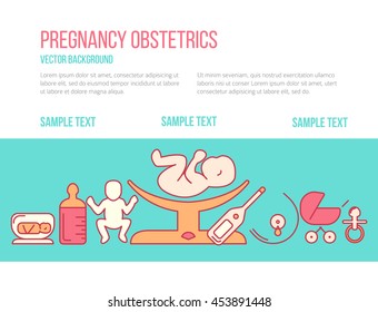 Modern line style design card or poster template with obstetrics objects. Volunteer poster. Perfect vector illustration with place for your text.