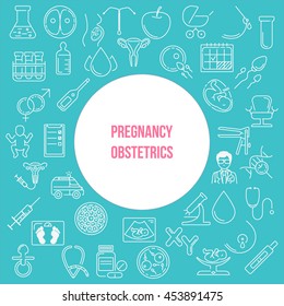 Modern line style design card or poster template with obstetrics objects. Volunteer poster. Perfect vector illustration with place for your text.