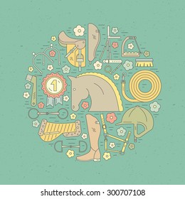 Modern line style equine circle conceptual illustration with different horseriding elements including horse, saddle, bit, helmet and other gear. Equestrian vector. Horse rider concept. Equine icons.