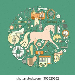 Modern line style equine circle conceptual illustration with different horseriding elements including horse, saddle, bit, helmet and other gear. Equestrian vector. Horse rider concept. Equine icon.