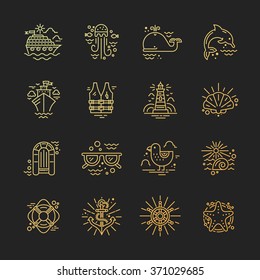 Modern line style icons with different summer adventure elements - cruise ship, anchor, dolphin, starfish and others. Nautical design elements. Cruise vacation or ocean adventure concept.