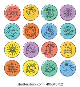 Modern line style icons with different summer adventure elements - cruise ship, anchor, dolphin, starfish and others. Nautical design elements. Cruise vacation or ocean adventure concept.