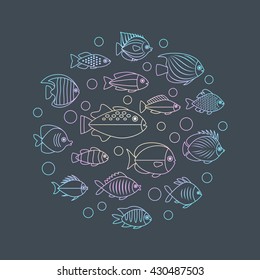 Modern line style icons of fish. Unique vector concept with different fish. Unique illustration for t-shirts, banners, flyers and other types of design.