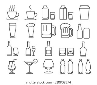 Modern line style icons set: Drinks, beverages in various containers