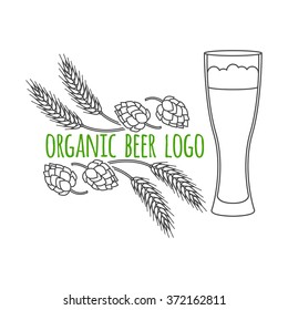 Modern line style logo, branding,  logotype,  badge  with spikes of wheat, hop and a glass of beer.  Beer symbol. Vector illustration.  Thin line icon.