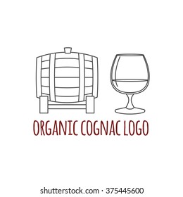 Modern line style logo, branding,  logotype,  badge  with brandy barrel and a glass of cognac.  Distillery symbol. Vector illustration.  Thin line icon.