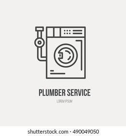 Modern line style logo for repair cpmpany or plumbing service provider with washing machine and pipe. Isolated design element - text can be easily changed for your company name.