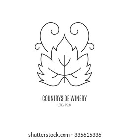 Modern line style logo with wine leaf. Winery symbol.