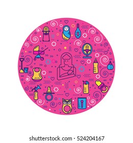 Modern line style mother circle conceptual illustration with different baby care elements including breastfeeding ,breast,baby,pacifier,bottle and other gear.Baby care illustration.