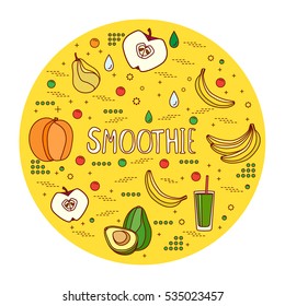 Modern line style smoothies circle conceptual illustration with differentsmoothies elements including:fruits and vegetables for smoothies. Utensils for smoothies.Logo and an illustration.